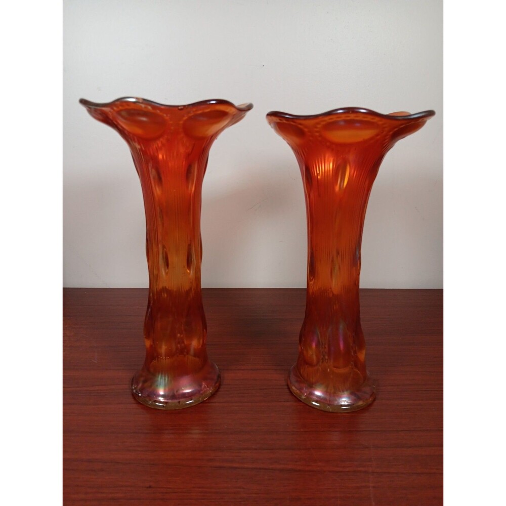 Pair Vtg Imperial Glass Beaded Bullseye Marigold Carnival Glass Vases EUC